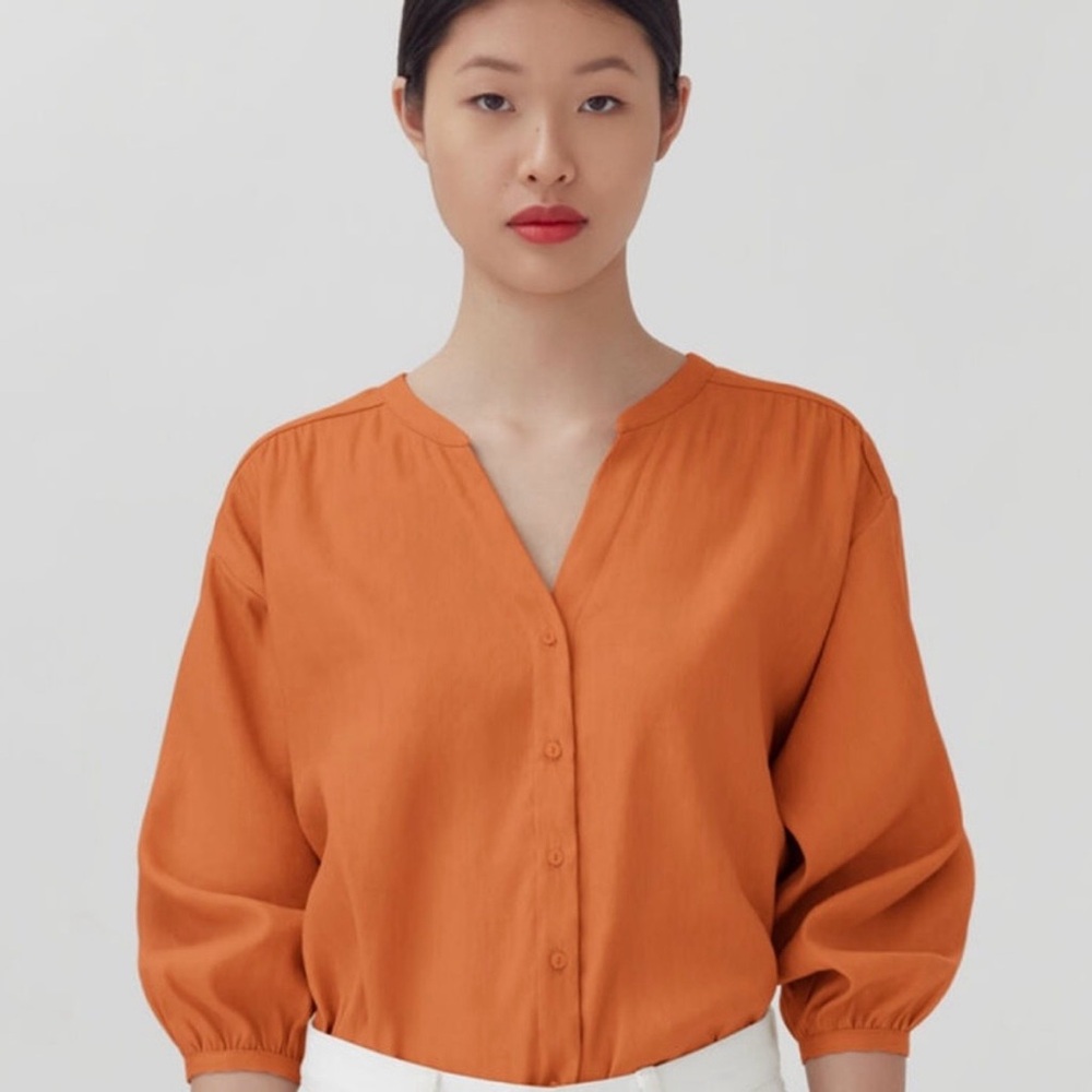Cuyana Orange Linen Blend Button Up Blouse Shirt Top, S
